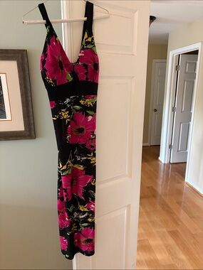 raya sun Black Maxi Dress with Bright Pink Floral Print